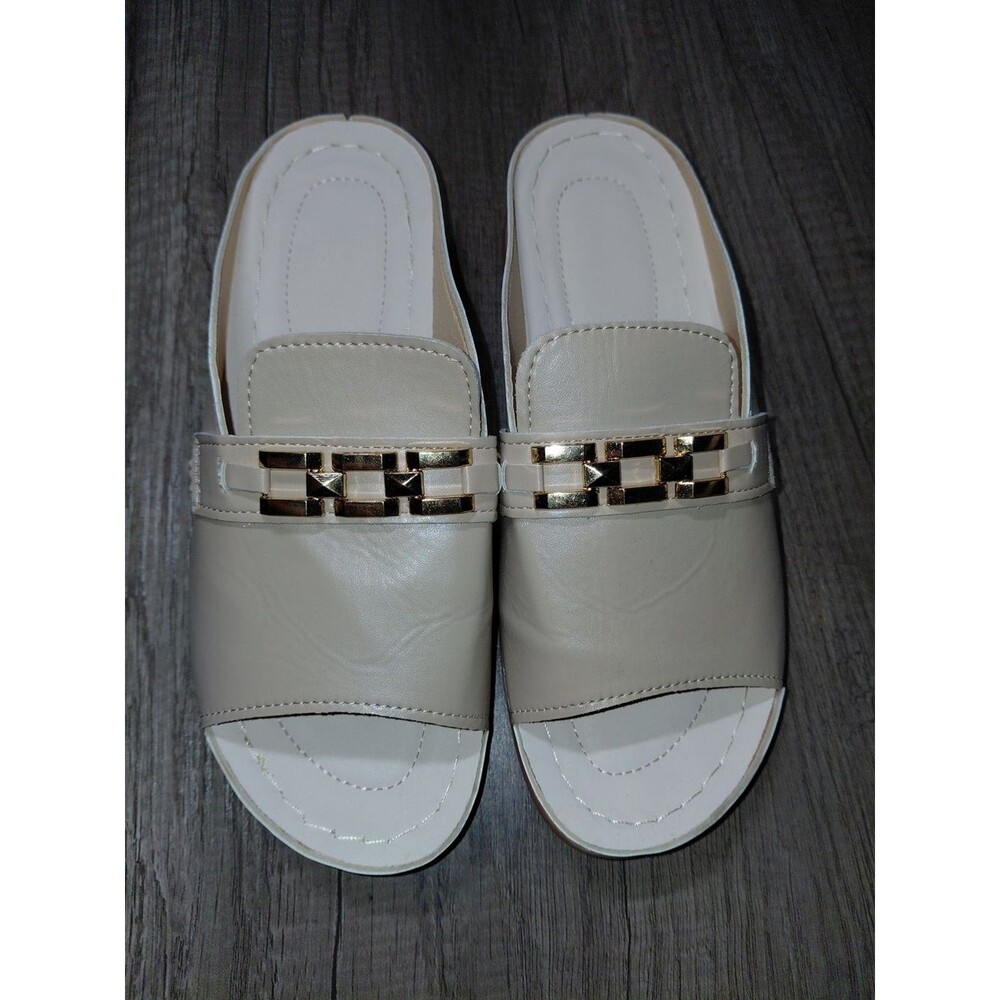Women’s Cream Slip-On Slide Sandals with Gold Accent